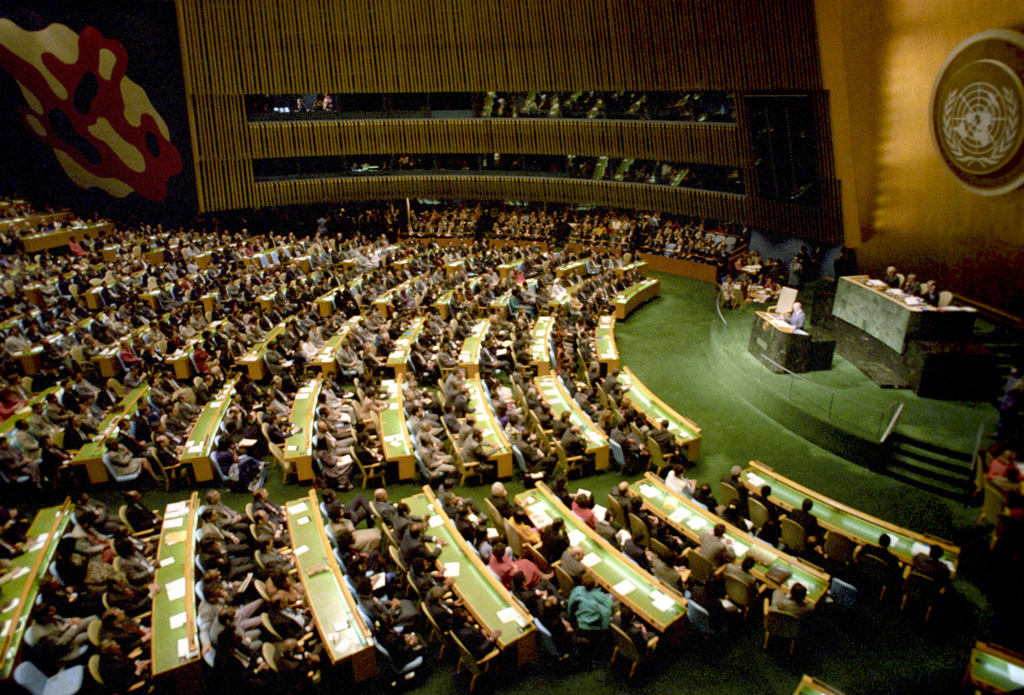 Mikhail Gorbachev, Soviet general secretary, addresses the UN General Assembly in December 1988